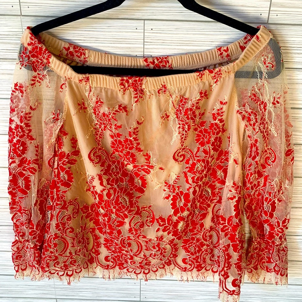 GB Off the shoulder lace blouse shirt top with red flowers
